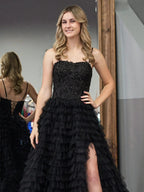 Jordan | Black A-Line Tiered Sequins Tulle Long Prom Dress by KissProm