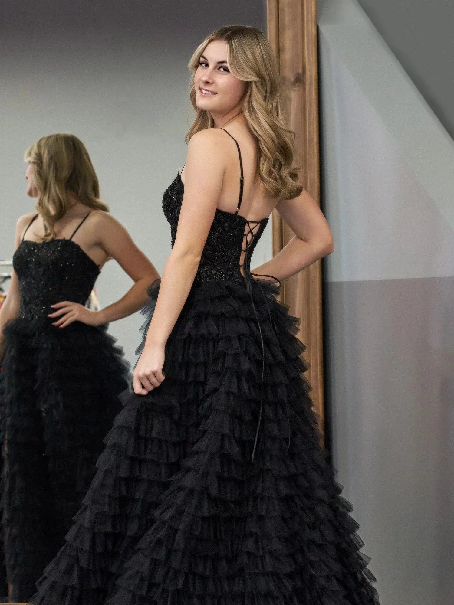 Jordan | Black A-Line Tiered Sequins Tulle Long Prom Dress by KissProm