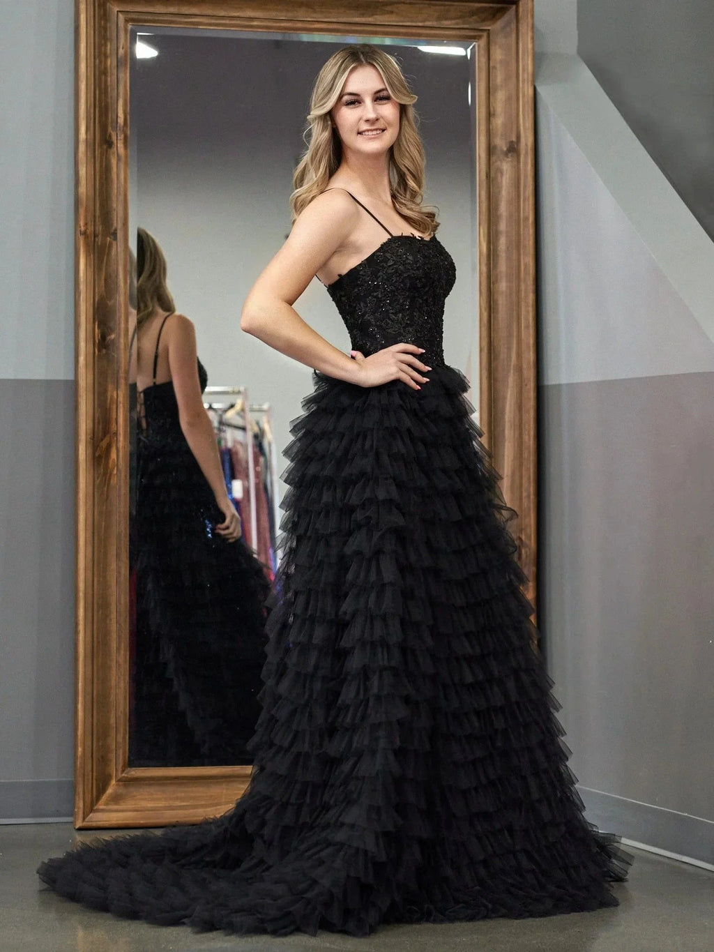 Jordan | Black A-Line Tiered Sequins Tulle Long Prom Dress by KissProm