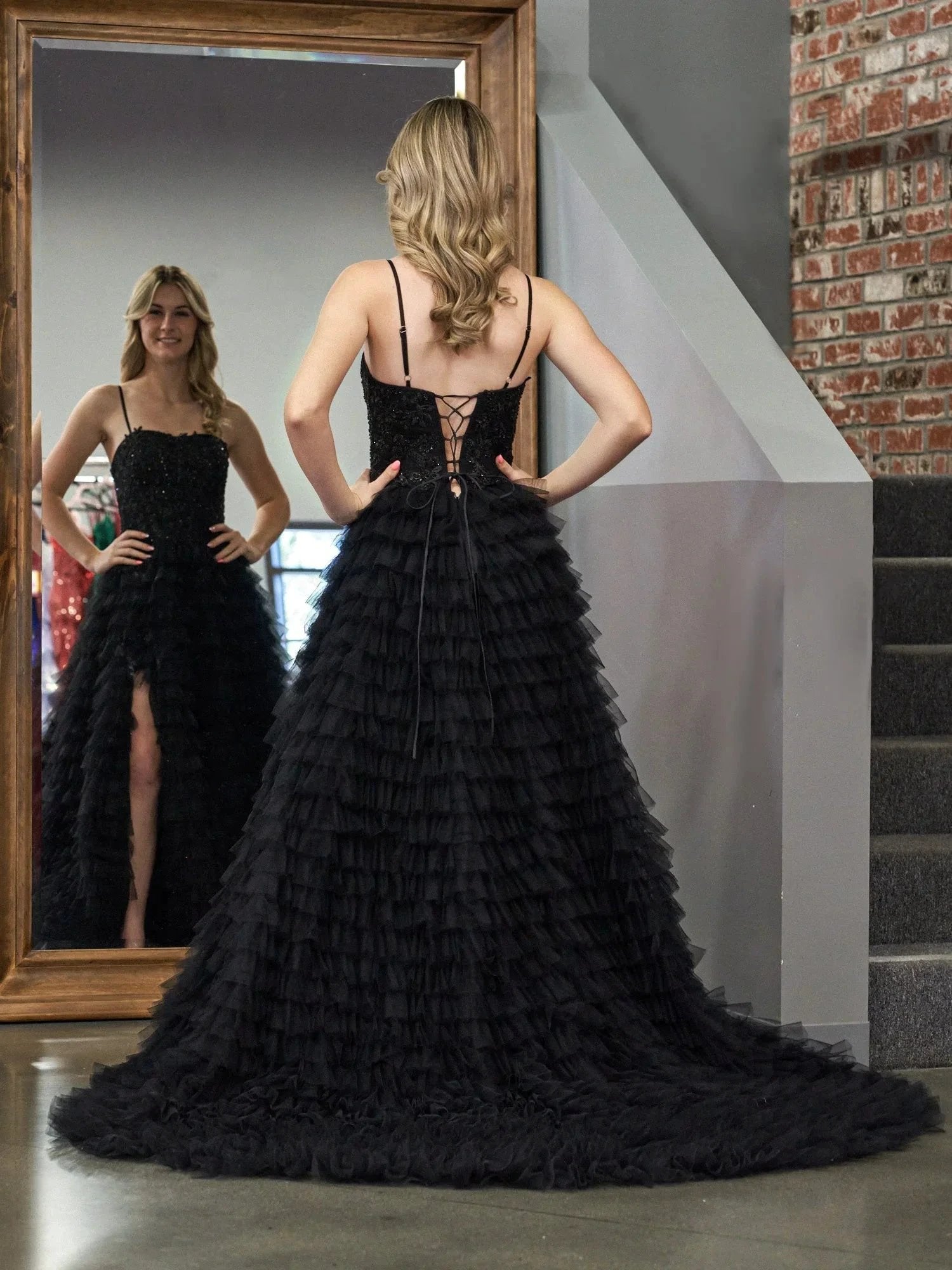 Jordan | Black A-Line Tiered Sequins Tulle Long Prom Dress by KissProm