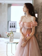 Pink Sweetheart Neck Tulle Beads Long Prom Dress, Pink Evening Dress,Y2406 by simplepromdress