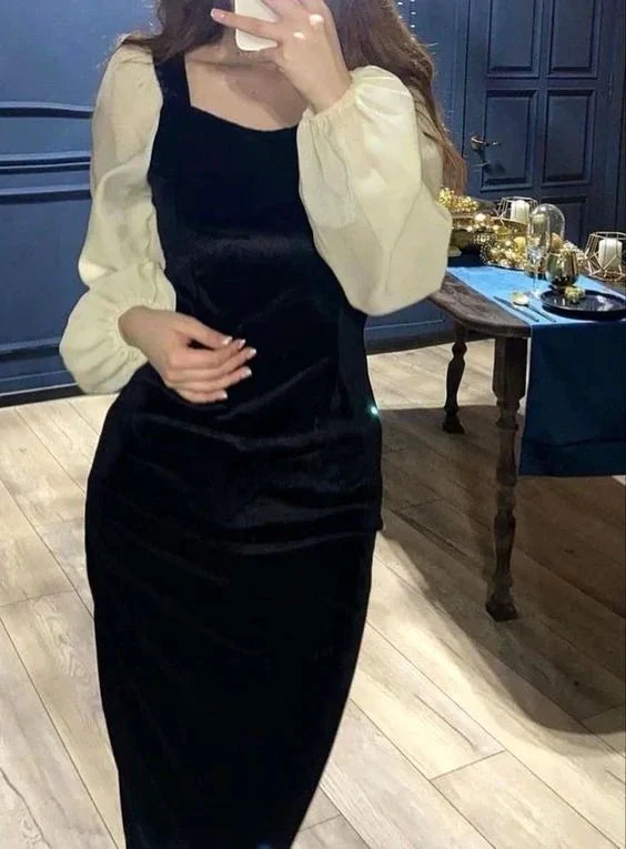 Winter V-Neck Elegant Black Stitching Velvet Dress Female Retro High Waist Puff Sleeves Evening Dress Y5673 by simplepromdress