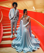 Sky Blue Velvet Silver Crystal Evening Dress Luxurious Evening Gown Y5764 by simplepromdress