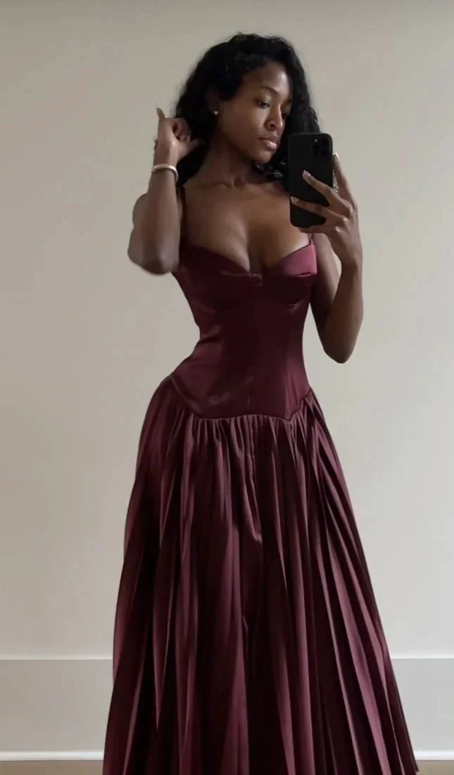 Vintage A Line Straps Burgundy Satin Long Prom Dress Evening Dress Y7994 by simplepromdress