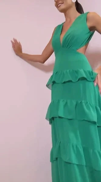 Emerald Green Deep V Neck Layered Ruffles Evening Dress Backless Long Prom Dress Y8386 by simplepromdress
