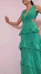 Emerald Green Deep V Neck Layered Ruffles Evening Dress Backless Long Prom Dress Y8386 by simplepromdress