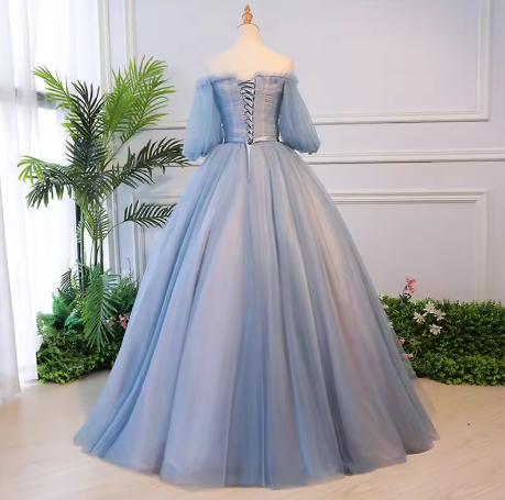 Unique blue tulle lace long prom dress blue evening dress S13770