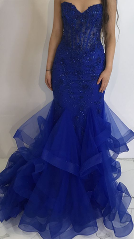 Elegante vestido de noche de sirena azul real Vestido de noche azul real Y6607