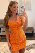 Cute Bodycon Scoop Neck Orange Lace Homecoming Dresses Y2919 by simplepromdress