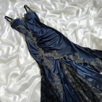 Vintage Navy Blue Satin Lace Appliques Mermaid Evening Dress Prom Dress Y8497 by simplepromdress