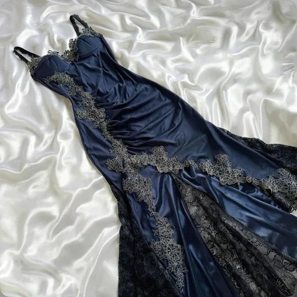 Vintage Navy Blue Satin Lace Appliques Mermaid Evening Dress Prom Dress Y8497 by simplepromdress
