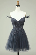 Cute A Line Spaghetti Straps Grey Short Homecoming Dress with Appliques Y2397 by simplepromdress