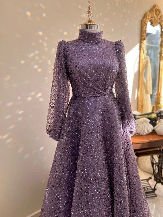 Luxuriöses Glitzer-A-Linien-Abendkleid mit langen Ärmeln Y5810