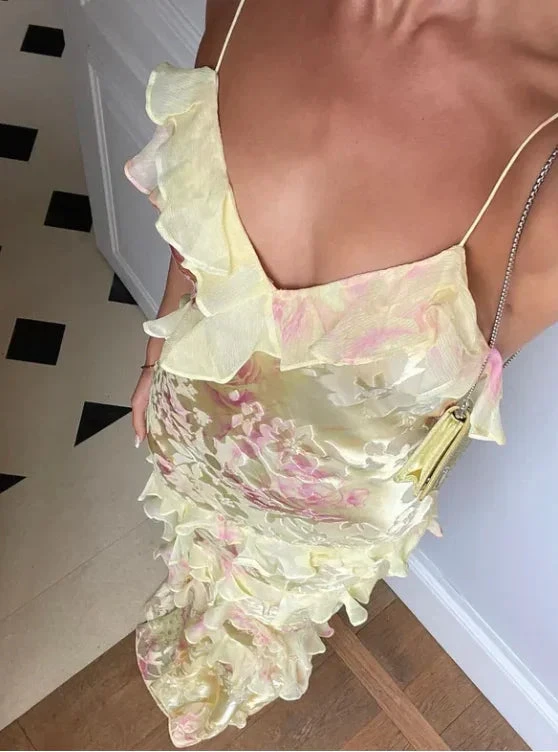 Romantic Spaghetti Straps V Neck Chiffon Print Prom Dress,Charming Evening Dress Y2306 by simplepromdress