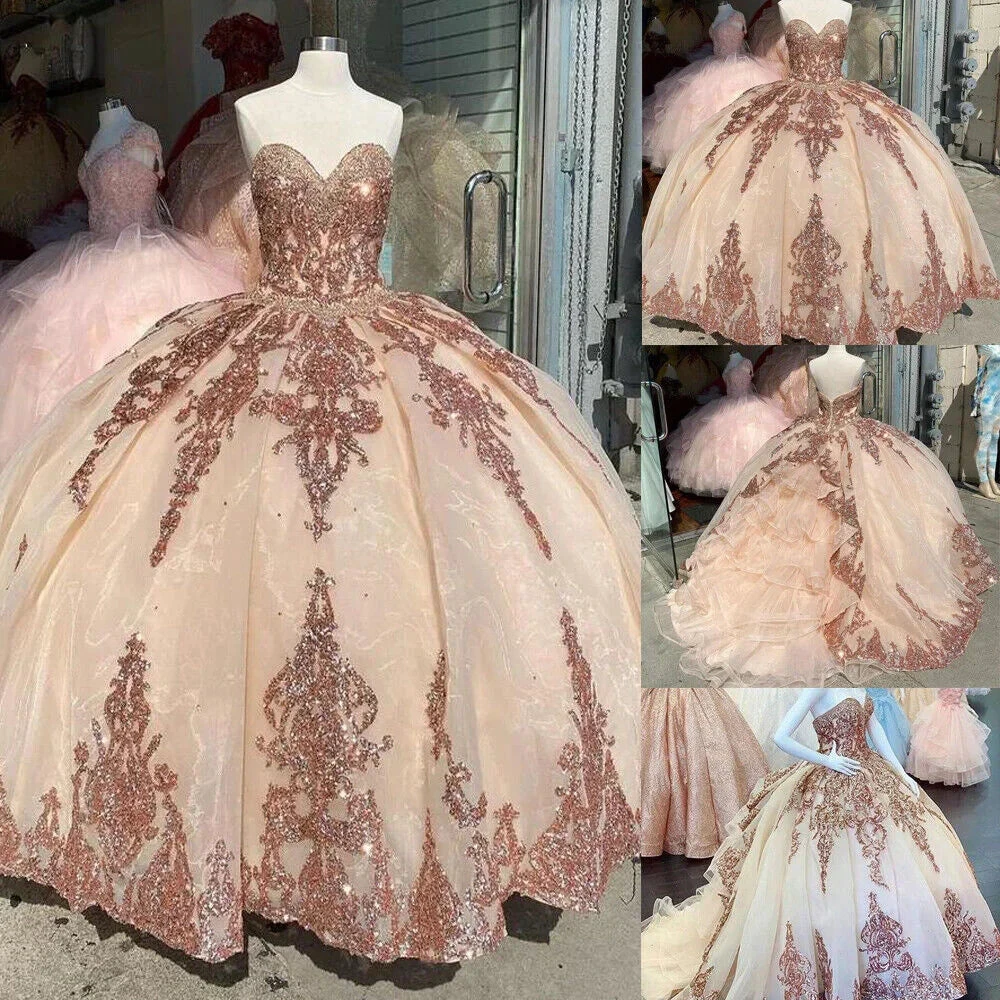 Rose Gold Sweet 16 Quinceanera Dresses Sequins Appliques Sweetheart Ball Gowns Y401 by simplepromdress