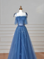 Pretty Blue Spaghetti Straps Tulle Sequins A Line Prom Dress Evening Dress Y8634 by simplepromdress