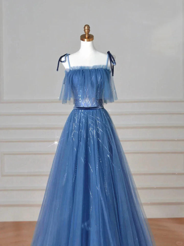 Pretty Blue Spaghetti Straps Tulle Sequins A Line Prom Dress Evening Dress Y8634 by simplepromdress