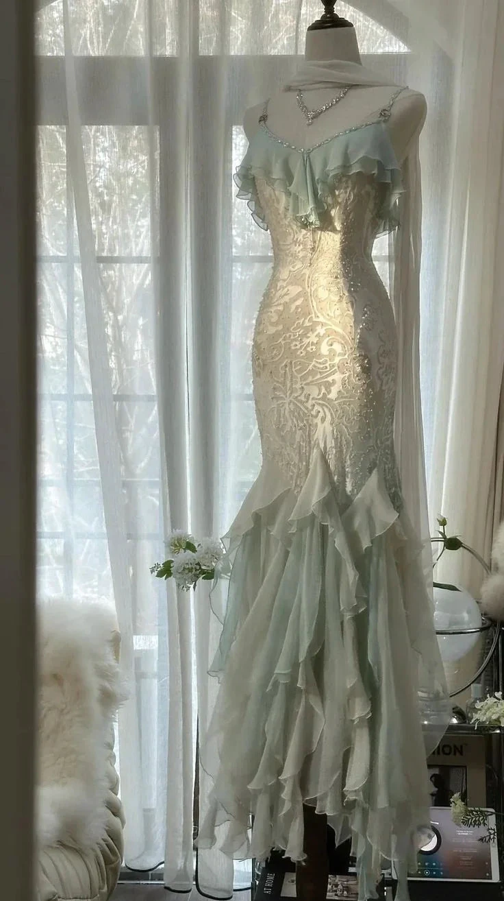 Classy Mint Green Temperament Mermaid Spaghetti Strap Chiffon Beaded Evening Dress Formal Prom Dress Y8546 by simplepromdress