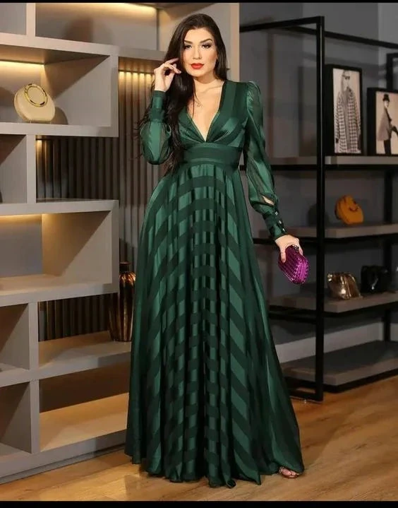 Charming Green Deep V Neck Evening Dress With Long Sleeves Y6283 by simplepromdress
