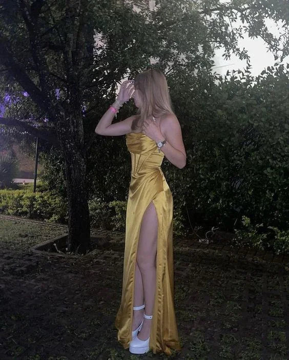 Sexy Mermaid Silk Satin Evening Dress Long Yellow Prom Dress Y7304 by simplepromdress