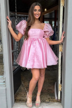 Pink Square Neck Balloon Sleeves A-Line Homecoming Dress Y2434 by simplepromdress