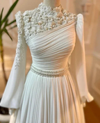 Muslim Wedding Dress Long Sleeves With Pearls Chiffon Appliques Long Pleated Bridal Gowns Y6727 by simplepromdress