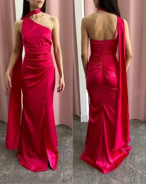 Elegant One Shoulder Hot Pink Satin Sheath Prom Dress Long Evening Dress Y8419 by simplepromdress