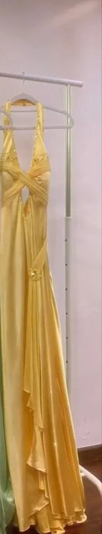 Elegant Yellow Halter Satin Beaded Prom Dress Slit Mermaid Party Evening Dress Y8426 by simplepromdress