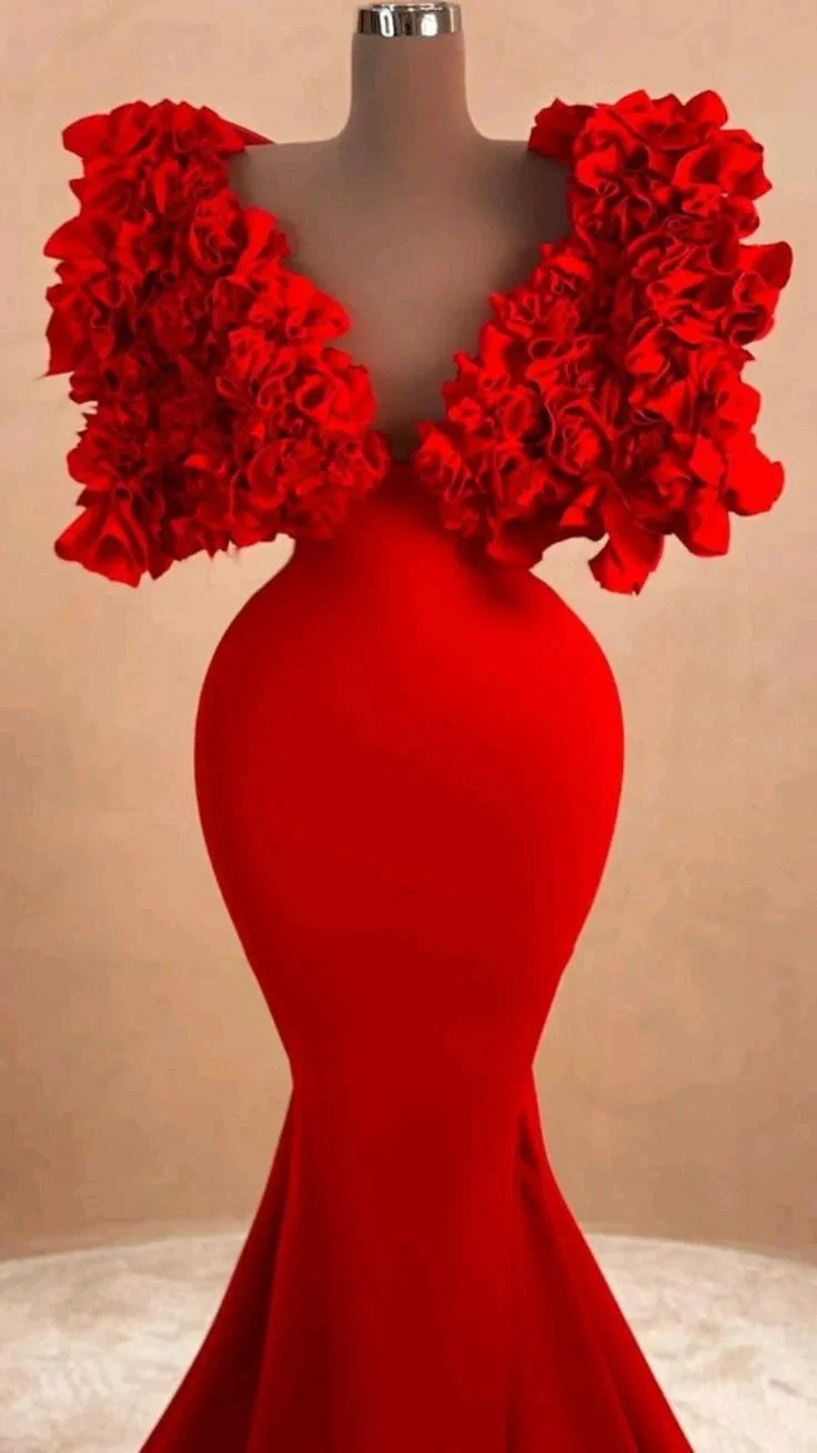 Women Red Long Evening Dress Mermaid Formal Dress Ruffles Cloud Shoulder Y4932 by simplepromdress