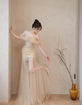 Champagne Tulle Off The Shoulder Beaded Prom Dress A Line Long Evening Dress Y8544 by simplepromdress