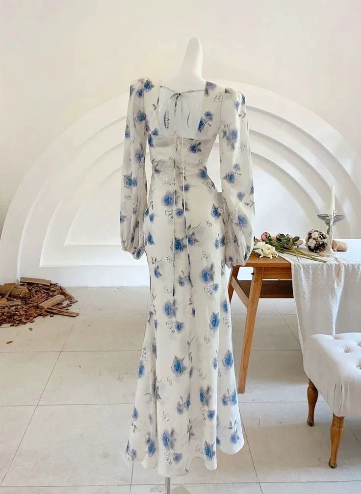 Elegant Ice Blue Rose Chiffon Print Floral Prom Dress Long Mermaid Evening Dress Y8407 by simplepromdress