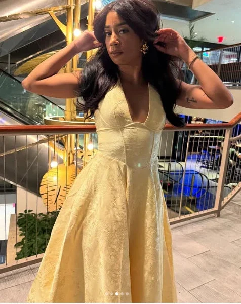 Sexy Halter Deep V Evening Dress Yellow Satin Print Prom Dress Y8249 by simplepromdress