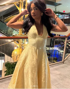 Sexy Halter Deep V Evening Dress Yellow Satin Print Prom Dress Y8249 by simplepromdress