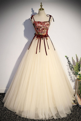 Vestido de fiesta largo con tirantes finos de tul color champán, corte A, Y7952