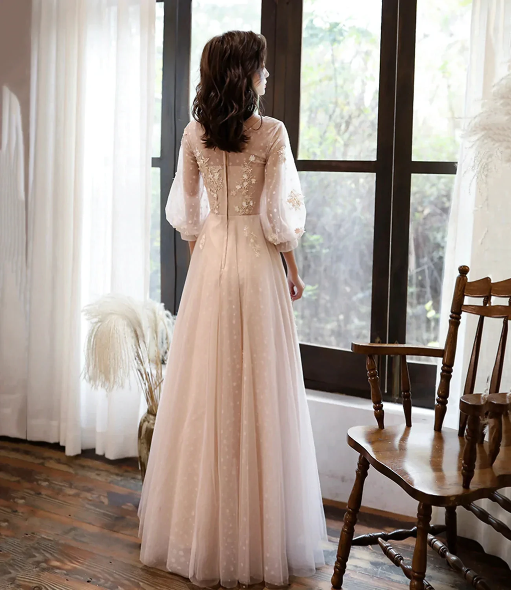 Cute tulle lace long prom dress A line evening dress Y1291 by simplepromdress