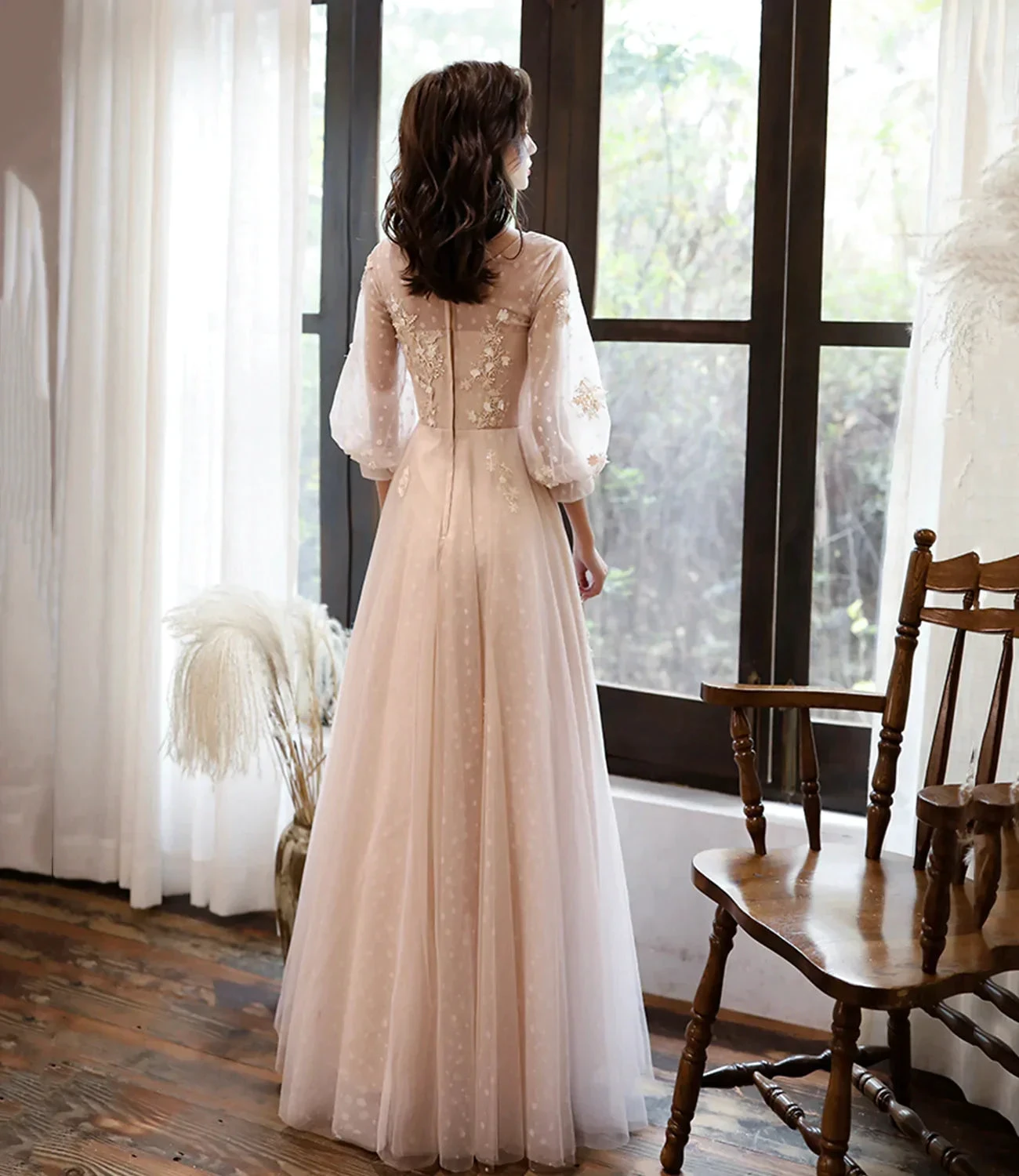 Cute tulle lace long prom dress A line evening dress Y1291 by simplepromdress