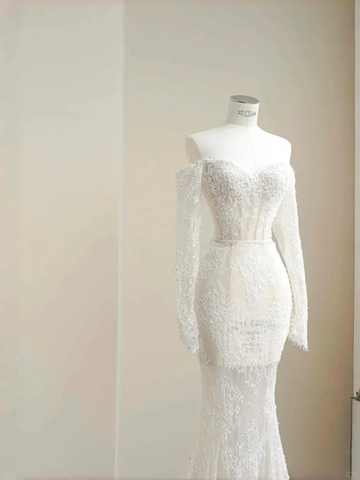 Romantic White Lace Appliques Tulle Sequin Mermaid Prom Dress Off Shoulder Evening Dress Y8663 by simplepromdress