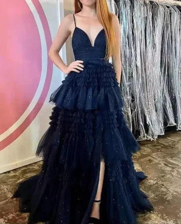 Champagne A-Line Spaghetti Straps Ruffles Formal Evening Dresses Long Prom Dress Y6801 by simplepromdress