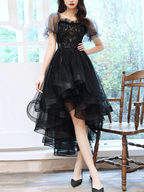 Black Sweetheart Tulle Lace High Low Prom Dress Black Homecoming Dress Y5689