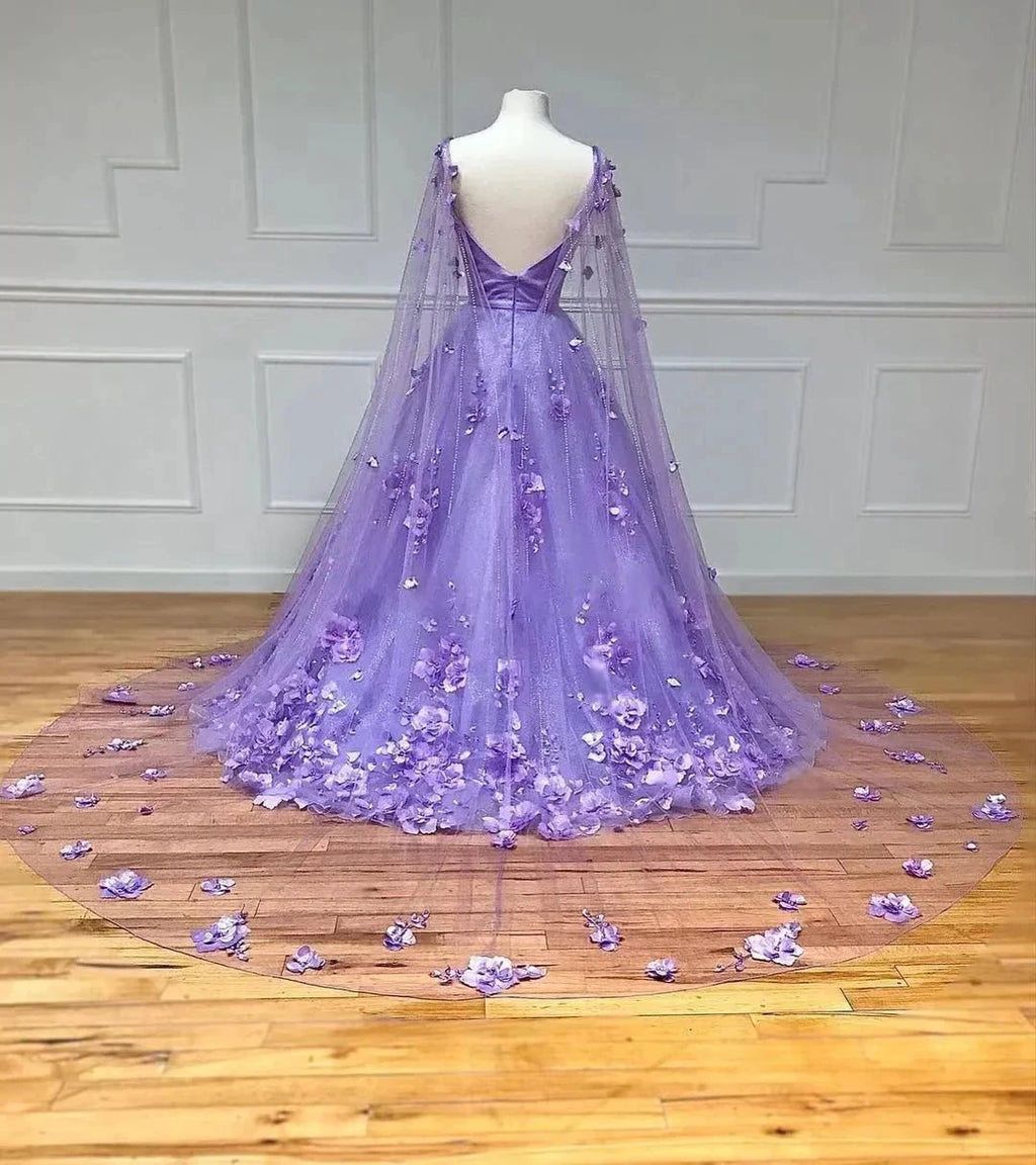Lavender 3D Floral Lace A-Line Prom Dress with Cape Sleeves by KissProm