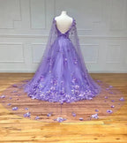 Lavender 3D Floral Lace A-Line Prom Dress with Cape Sleeves by KissProm