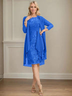 Sheath/Column Scoop Illusion Knee-Length Lace Chiffon Mother of the Bride Dress With Cascading Ruffles Sequins by Dreamylily