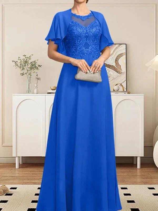 A-line Scoop Illusion Floor-Length Lace Chiffon Mother of the Bride Dress With Sequins by Dreamylily
