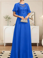 A-line Scoop Illusion Floor-Length Lace Chiffon Mother of the Bride Dress With Sequins by Dreamylily