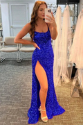 Glitter Sequin Prom Dresses High Slit formal dress Royal Blue Evening Dress Y75 by simplepromdress