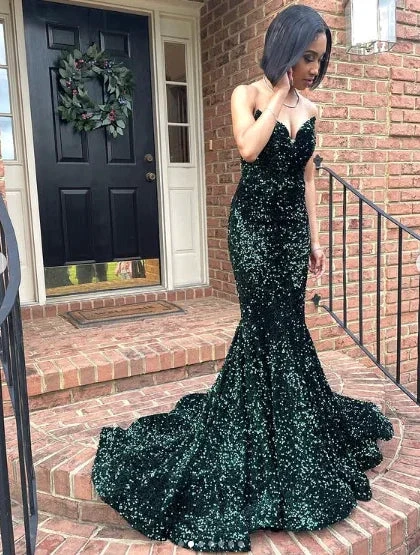 Sexy Mermaid Glitter Prom Dress Long Evening Gowns Dark Green Women Formal Dresses Y4329 by simplepromdress