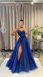 A-line Spaghetti Straps Dark Blue Long Evening Dress with Slit Y5993 by simplepromdress