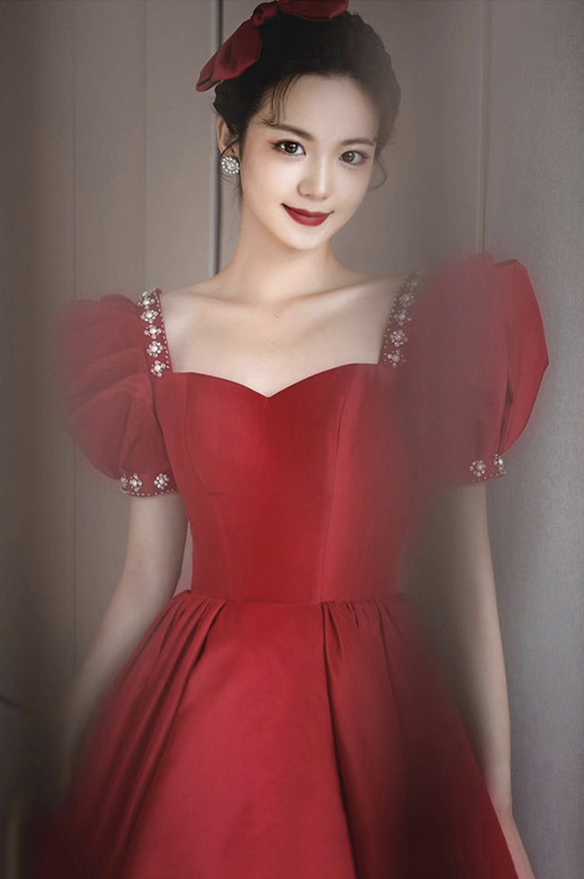 Burgundy satin long prom dress A line evening dress Y1169 Main Image