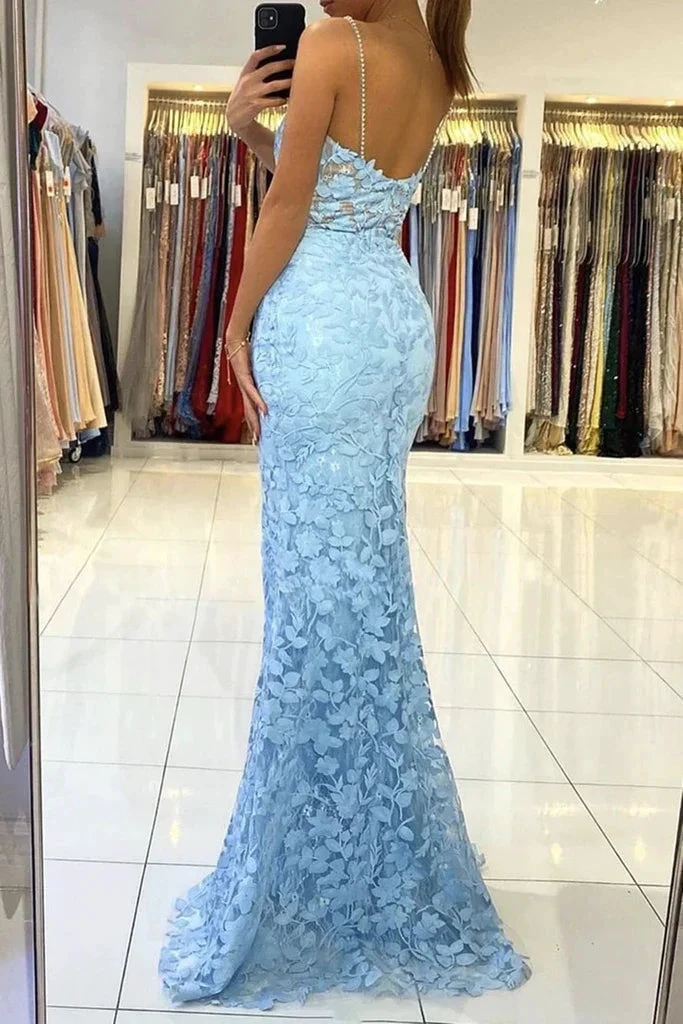 Mermaid V Neck Backless Blue Lace Long Prom Dress, Mermaid Blue Lace Formal Dress, Blue Lace Evening Dress Y333 by simplepromdress