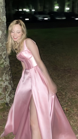 Simple Pink A-Line Satin Party Dress Side Slit Prom Dress Evening Dress Y8563